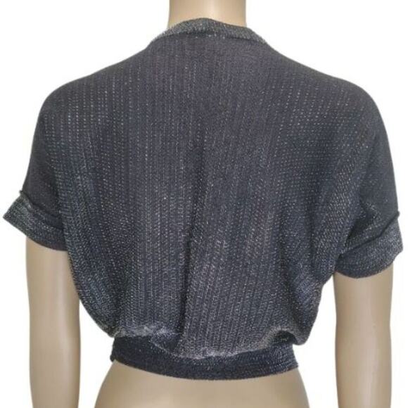 70s Cropped Black Silver Metallic Thread Short Sleeve V Neck Top Size Small - Picture 5 of 6